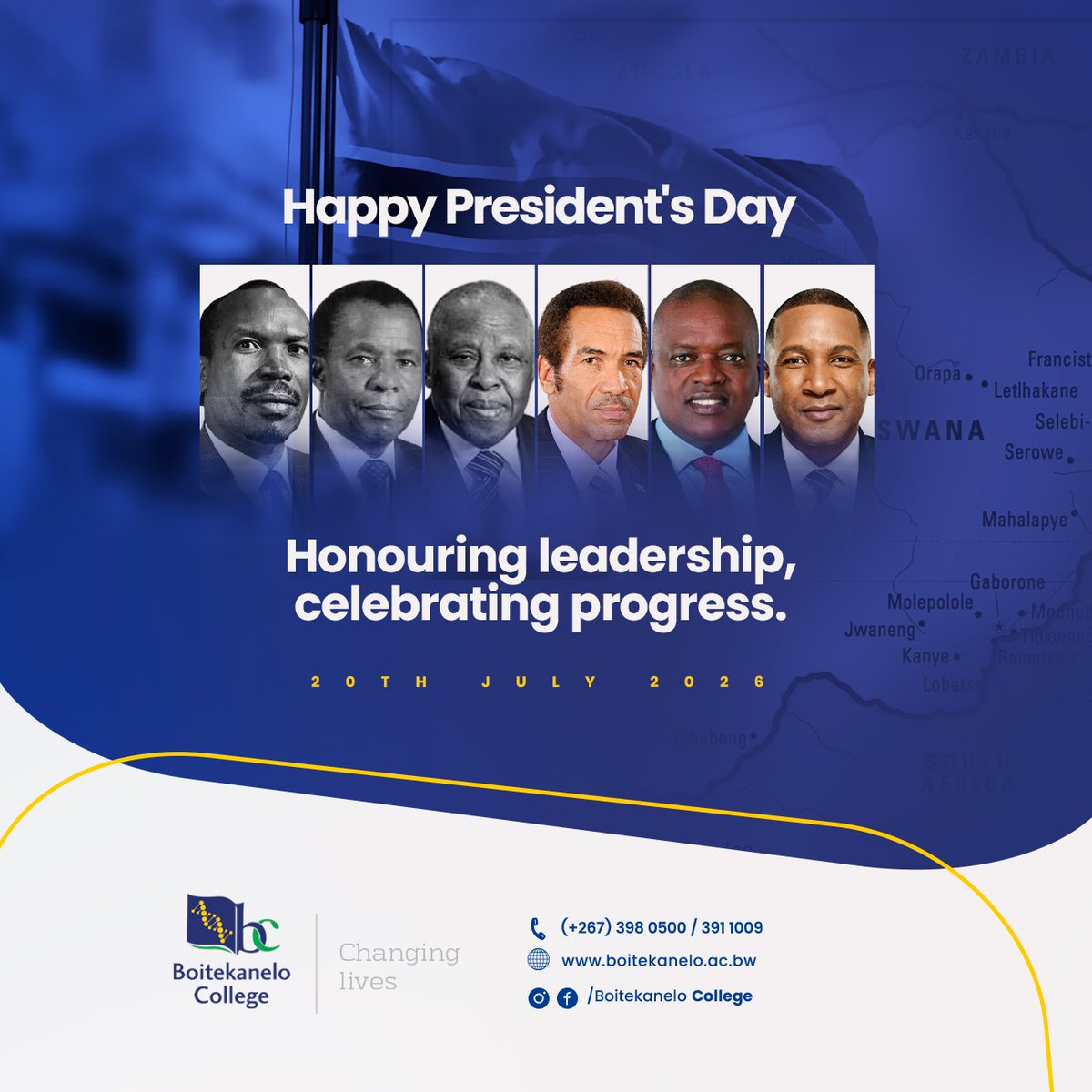 BoitekaneloC's tweet photo. As we commemorate President’s Day, we reflect on the importance of leadership, service, and national progress in shaping Botswana’s future.

Happy President’s Day!

#boitekanelocollege #changinglives #presidentsday https://t.co/N128qbiOKr