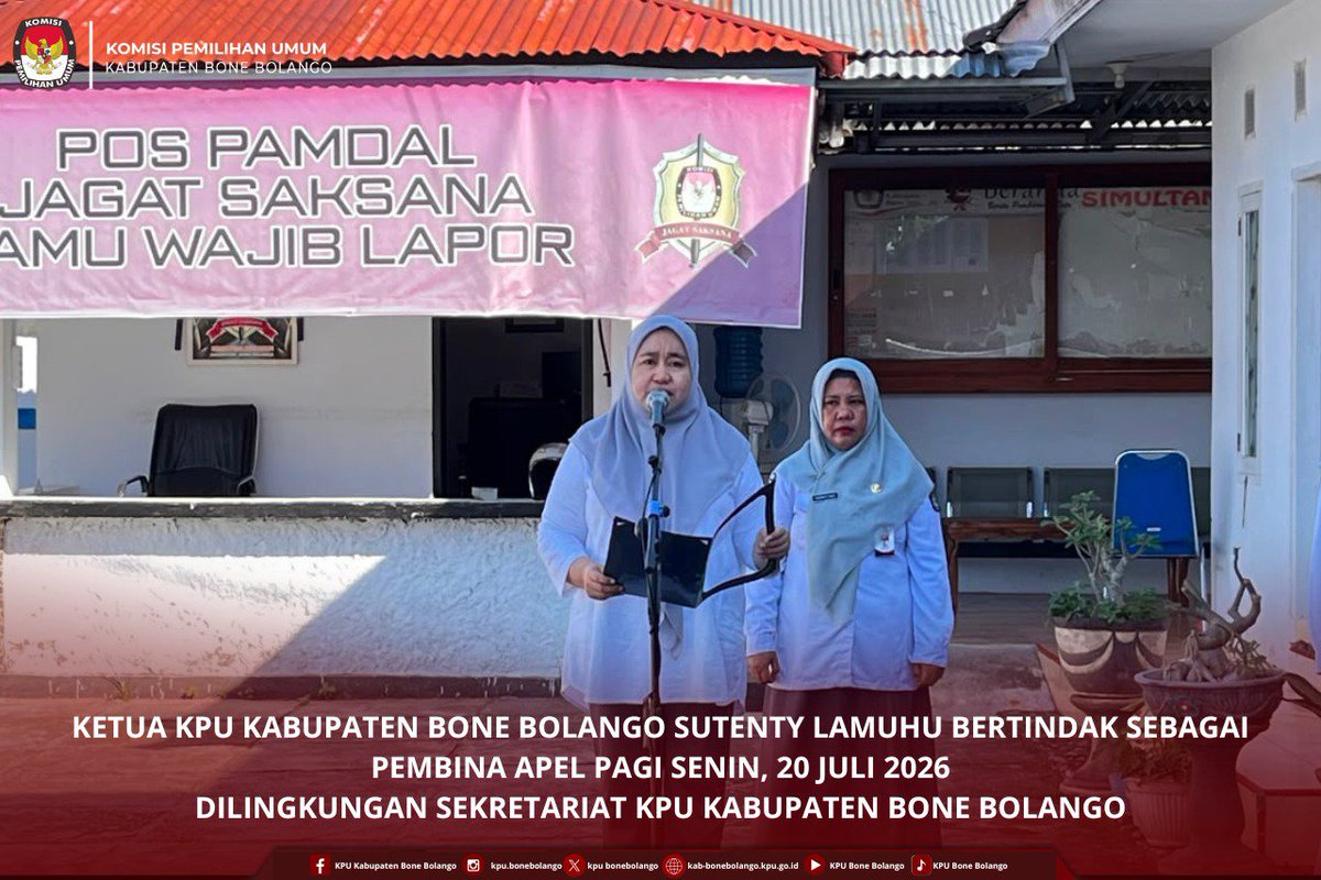 BonebolangoKpu's tweet photo. #TemanPemilih,

Senin (20/07/2026), KPU Kabupaten Bone Bolango melaksanakan Apel Pagi yang berlangsung di halaman kantor KPU. Apel pagi ini dipimpin langsung oleh Ketua KPU Bone Bolango Sutenty Lamuhu. https://t.co/ffSV8Oj5vF