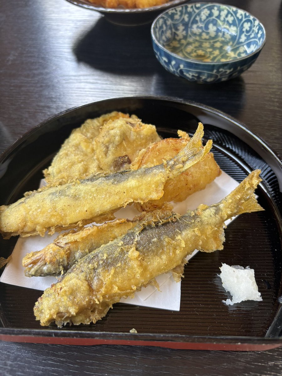 Nezu54496608's tweet photo. 昨日食べた出石の皿蕎麦🥢　（写真は2人前）
天然鮎の天ぷら¥800も頼んだら、3匹もあって野菜の天ぷらまでついている！
皿蕎麦はもちろん、天ぷらがサクサクで美味しかった✨油モノに弱めの私でも最後まで美味しく頂けました🩷 https://t.co/8E573cCTcW