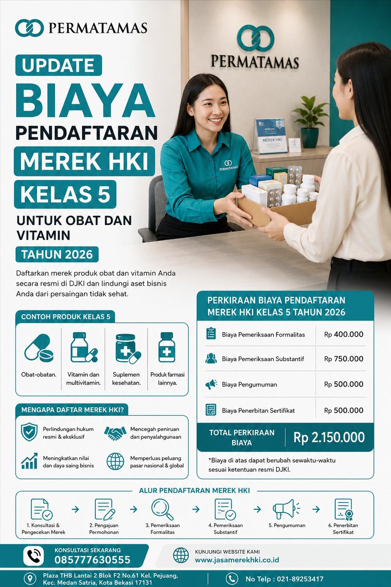 IzinMerek's tweet photo. Update Biaya Pendaftaran Merek HKI Kelas 5 untuk Obat dan Vitamin Tahun 2026

PERMATAMAS hadir memberikan solusi total perlindungan hukum untuk produk Kelas 5, meliputi:

Obat-obatan.
Vitamin dan multivitamin.
Suplemen kesehatan.
Produk farmasi lainnya. https://t.co/TZn42lHn4q
