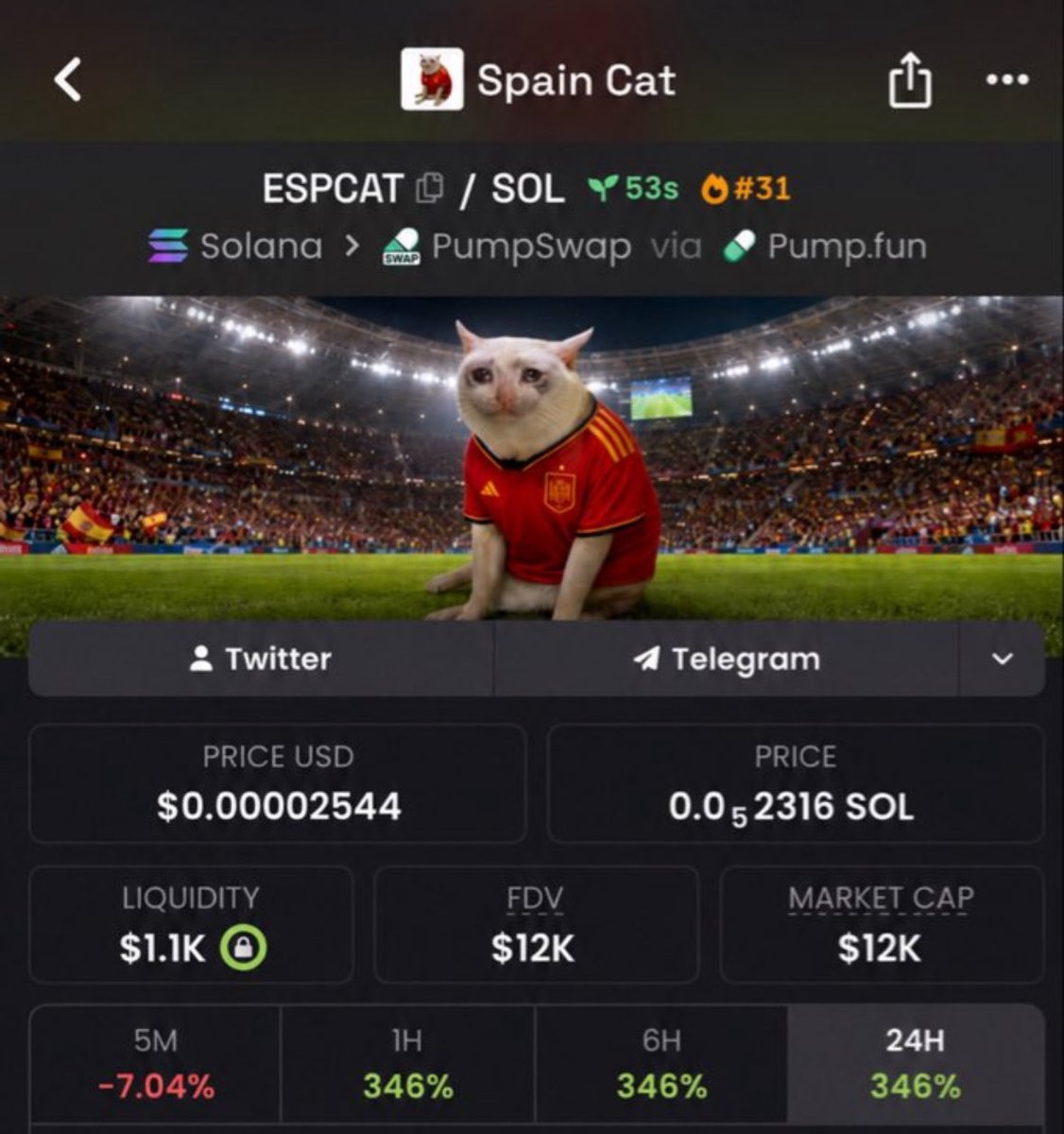 Sol_Ficra's tweet photo. I presented $ESPCAT at a $12k market cap and strategically shared it with my community, highlighting its early-entry edge and strong upside potential. 

Ca:
EQZfBpWpQc5BEUsP3q79xk1k3mKAAeL8bVZ5m1LJpump

#bbvipal5 #memecoin #Solana https://t.co/LeopotK7OT