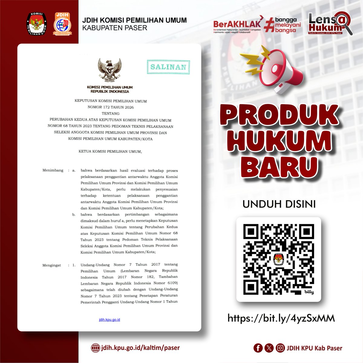 KpuKab62388's tweet photo. Hai #sobatJDIH, Diinformasikan bahwa pada hari ini informasi/produk hukum berikut telah dapat didownload di web JDIH KPU Kab Paser: https://t.co/2ROOVGKXnc
