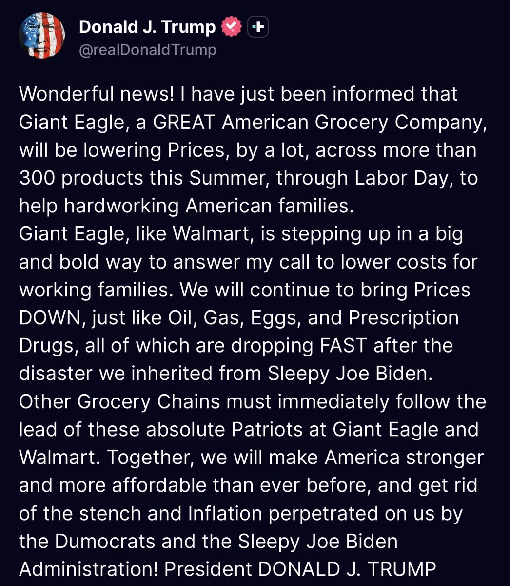 theOGalv's tweet photo. President Trump highlighted another big win for shoppers. Giant Eagle is slashing prices on over 300 products, following Walmart’s lead.

Other chains should jump in. https://t.co/MadB5w1kRu