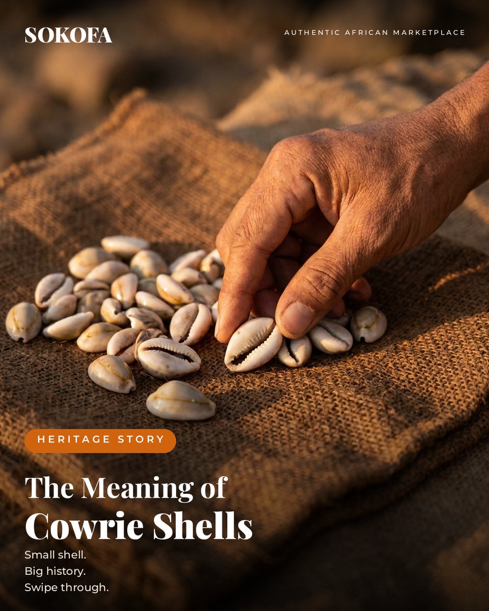 shopsokofa's tweet photo. Long before paper money, cowrie shells moved along trade routes from the Indian Ocean into West Africa. Small, durable, hard to fake. They became currency, then ornament, then a symbol of status and protection. The shell outlived the coin. https://t.co/7S8QT7ACD9
