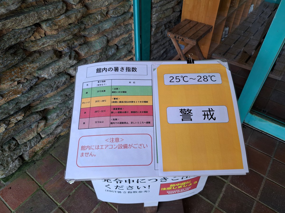 kenminnomori's tweet photo. 森林館入口に館内の暑さ指数（ＷＢＧＴ）が色でわかる表を設置しました。
開館中は温度・湿度計を4回計測し、その都度、館内の状況をお知らせいたします。
森林館はエアコン設備がございませんので、館内遊びの目安にご利用ください。
＃県民の森　＃熱中症対策 https://t.co/NsEPZugqRL