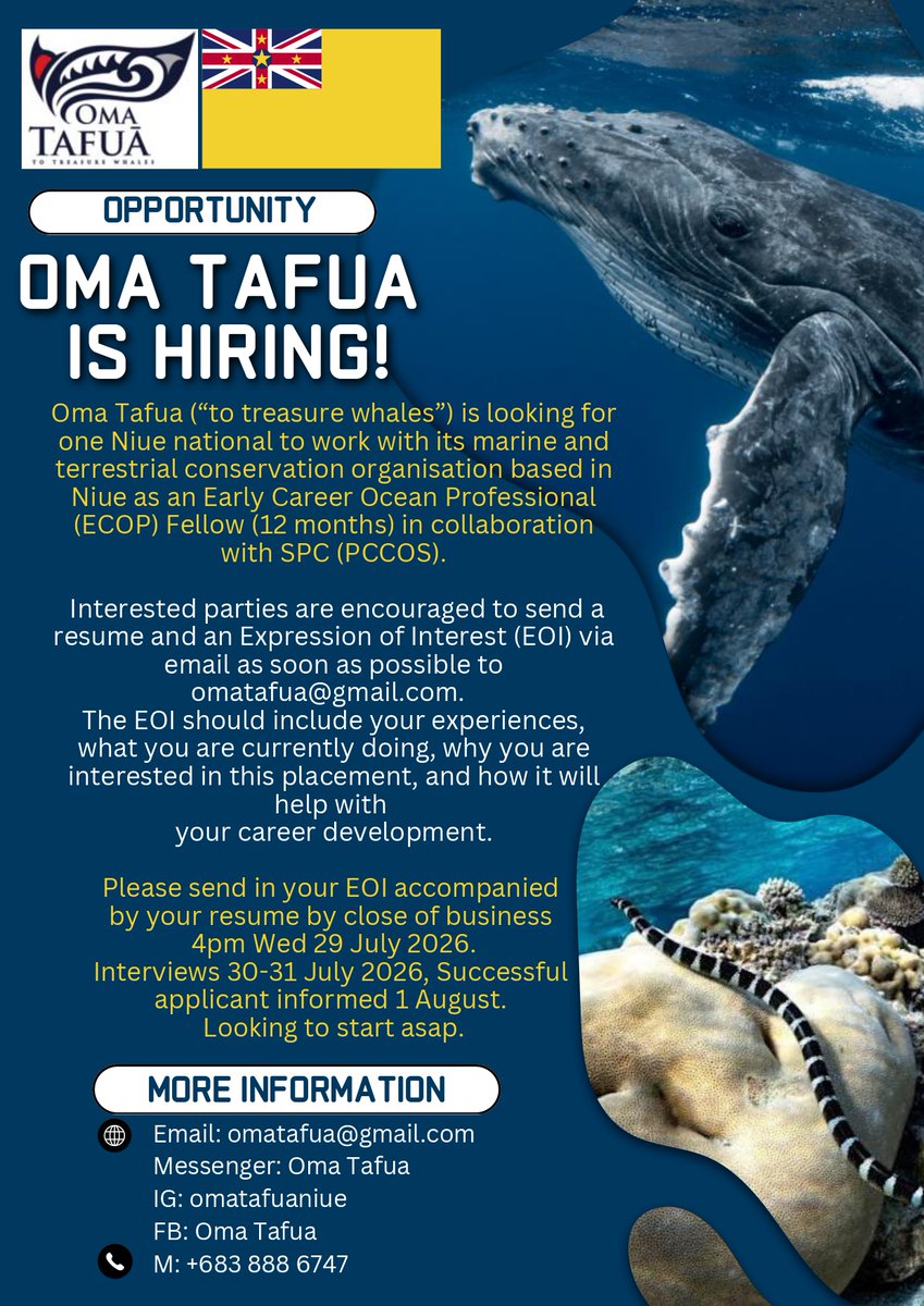 spc_cps's tweet photo. 📢​ Call for ECOP from Niue
Oma Tafua is looking for one Niue national to work with its marine and terrestrial conservation organisation as an ECOP fellow in collaboration with the SPC (PCCOS).
​⏰ Deadline: 29th July 2026
👉​ All informations in the flyer attached to this post https://t.co/DawKc26DMI