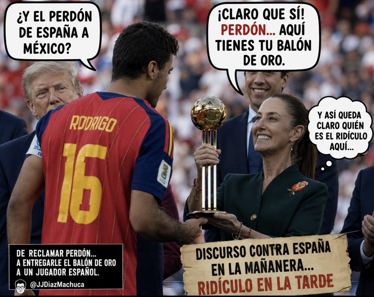 JJDiazMachuca's tweet photo. DE EXIGIRLE A ESPAÑA QUE PIDA PERDÓN… A ENTREGARLE EL BALÓN DE ORO A UN ESPAÑOL.

La política de discursos dura exactamente hasta que llega la foto.

Al final, @Claudiashein terminó entregándole el Balón de Oro a un campeón español.

El ridículo no necesita oposición; se fabrica solo.