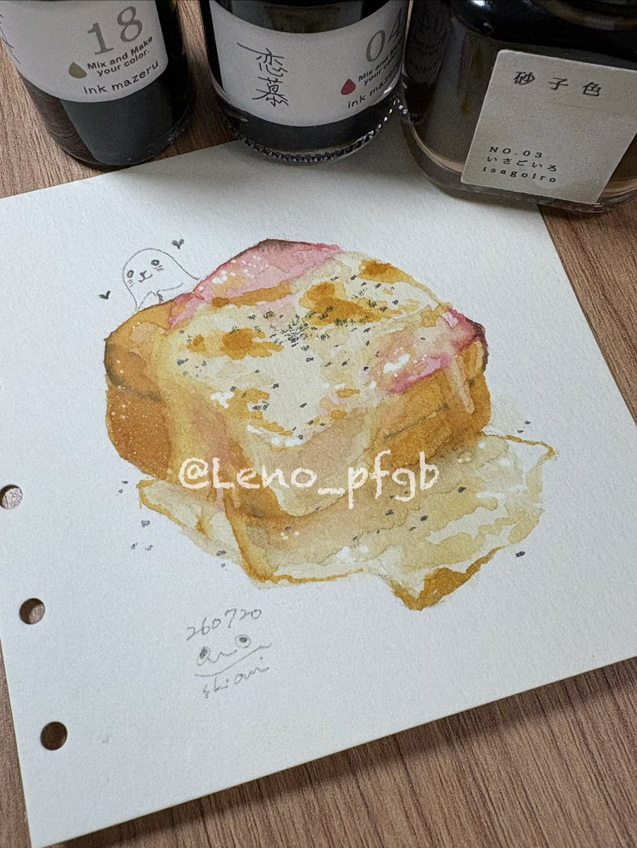 Leno_pfgb's tweet photo. 昨日食べたトースト。最近、食べ物とゆるい絵柄の動物を組ませるのがお気に入り。
💧→神戸派計画 砂子色
　　KA-KU ink mazeru 04、18
📃→ワトソン M5スクエア
その他、色鉛筆 https://t.co/nOfSLSgz0z