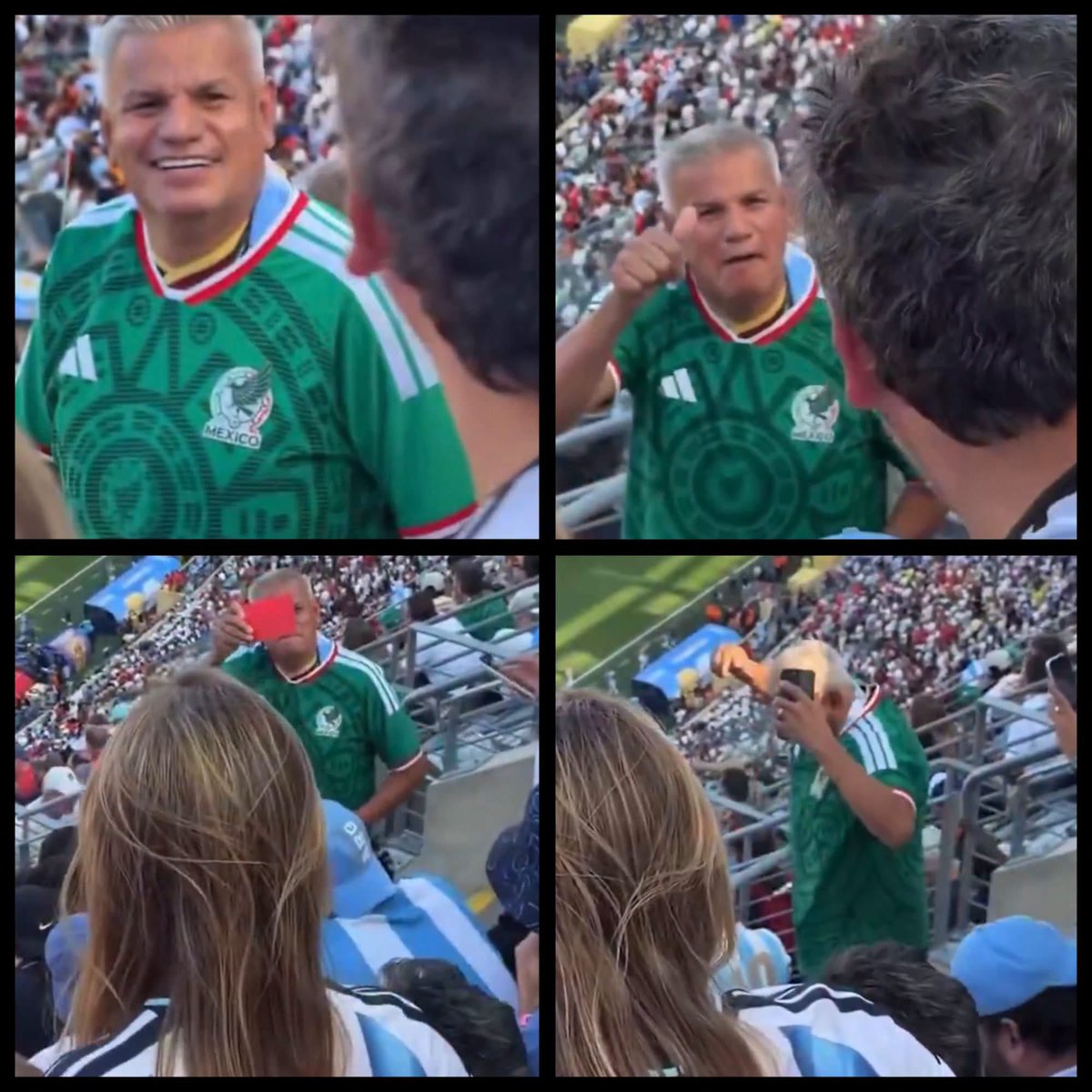 iqsolita's tweet photo. Cuando expulsaron al jugador de Argentina E. Fernández, un aficionado mexicano se levantó para festejar. Una pareja de argentinos se molestó al verlo y comenzaron a decirle: «¡tú ya estás fuera!», pero al mexicano no le importó y les hizo pulgar arriba como diciendo: «sí, ta bueno». Eso hizo enojar aún más a la novia o esposa del argentino y comenzó a gritarle al mexicano: «¡sos un pelotudo! ¡Un peeeeloootuuudooo!», y el mexicano en vez de regresarle el insulto u ofenderse, metió su mano al bolsillo y le sacó una tarjeta roja a la aficionada argentina por grosera. 

La pareja de argentinos no se lo esperó y quedaron bien calladitos. No tuvieron de otra más que tomar asiento de nuevo ante la inmunidad alegre del mexicano, mientras el mexa bailaba porque el equipo de su tatara tatarabuelo ya tenía la ventaja del juego.