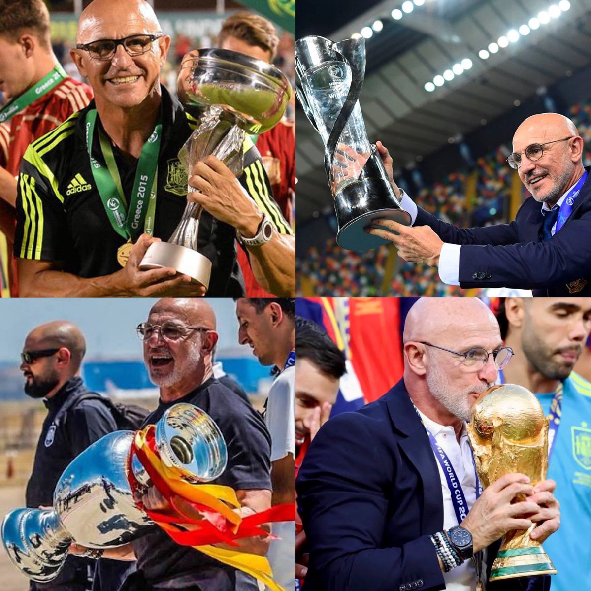 Juezcentral's tweet photo. En las fotos de arriba, Luis De La Fuente festeja la Euro Sub 19 de 2015 y la Euro Sub 21 de 2019 con España. 

Abajo, celebra la Euro de mayores 2024 y la Copa Del Mundo 2026. 

10 jugadores que entrenó en selecciones juveniles estuvieron hoy con España en la final del Mundial.

Hoy, un proceso que lleva más de 10 años, llegó a su punto más alto. 

Porque sí, amigos, los procesos funcionan.