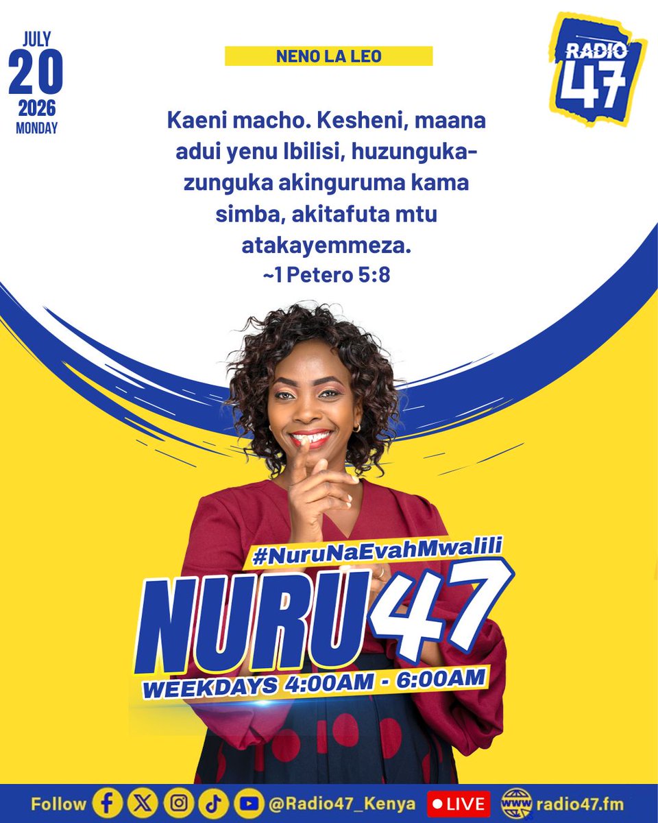 Radio47_Kenya's tweet photo. #NENO

1 Petero 5:8

Kaeni macho. Kesheni, maana adui yenu Ibilisi, huzunguka- zunguka akinguruma kama simba, akitafuta mtu atakayemmeza.
Filikita Jillo

#Nuru47 #HapaNdipo https://t.co/fbRgDu390K