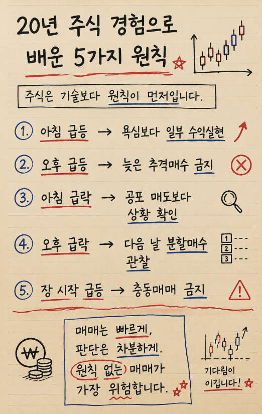 lunatic_130613's tweet photo. 저는 20년간의 주식 거래 경험을 바탕으로 몇 가지 통찰을 공유하고 싶습니다.
주식 투자를 처음 시작하시는 분들, 그리고 투자를 통해 자산을 차근차근 늘리고 싶으신 분들이라면 이 글을 꼭 읽어보시기 바랍니다.
반드시 기억해야 할 5가지 기본 원칙입니다.
1. 아침에 주가가 급등하면 적절한 시점에 수익을 실현하세요.
 2. 오후에 주가가 크게 오르더라도 추격 매수는 하지 마세요.
 3. 아침에 주가가 급락하더라도 공포에 매도하지 마세요.
 4. 오후에 큰 폭으로 하락했다면 다음 날 분할 매수를 고려해 보세요.
 5. 장 시작과 동시에 주가가 급등하더라도 충동적으로 매매하지 마세요.
이 다섯 가지 원칙만 지켜도 차분하고 꾸준하게 투자하는 데 도움이 됩니다.