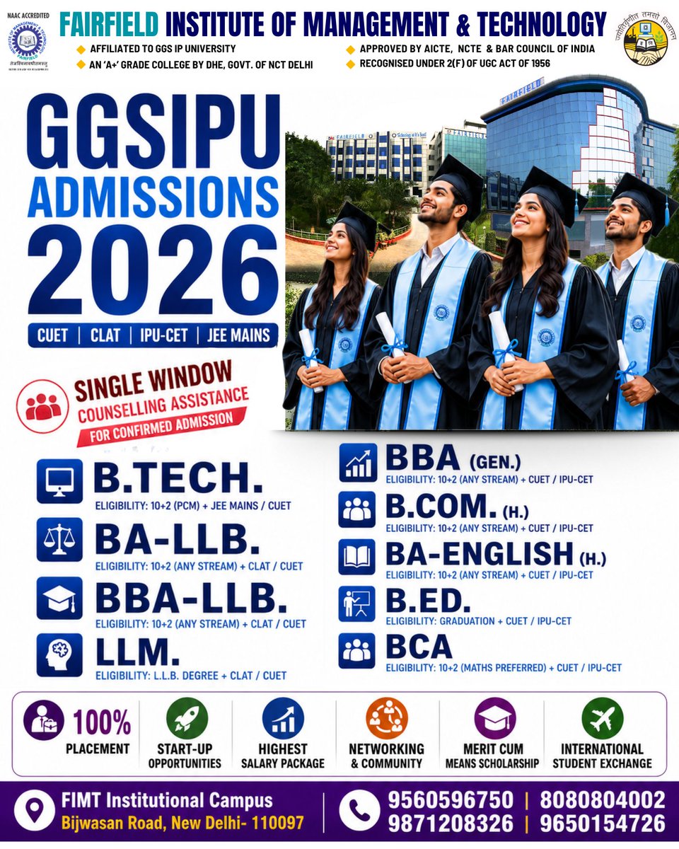 FIMTDELHI's tweet photo. GGSIPU Admissions Open for 2026! 🎟️ Accepted Scores: CUET | IPU-CET | CLAT | JEE-MAINS
📍 Location Advantage: Conveniently located on Bijwasan Road, New Delhi—just a quick 10-12 minute drive from Dwarka Sec-21 Metro Station!
📞 9560596750 | 8080804002
#CUET2026 #GGSIPU #FIMT https://t.co/5M42t8SwmF