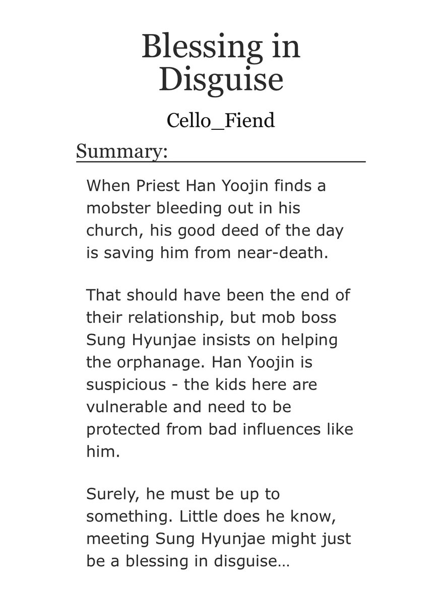 Cello_Fiend_'s tweet photo. First chapter of 'Blessing in Disguise' is posted • 2.7k

— Priest Yoojin/Mob Boss Sung Hyunjae
— Tons of romance and fluff
— #MYSClassHunters #HJYJ #jinjae #sclassbigbang2026
— Out of this world artwork by @gobwinning  &amp; @mluegul

 https://t.co/LjMsC8oKhb https://t.co/fAzO2fzmHe