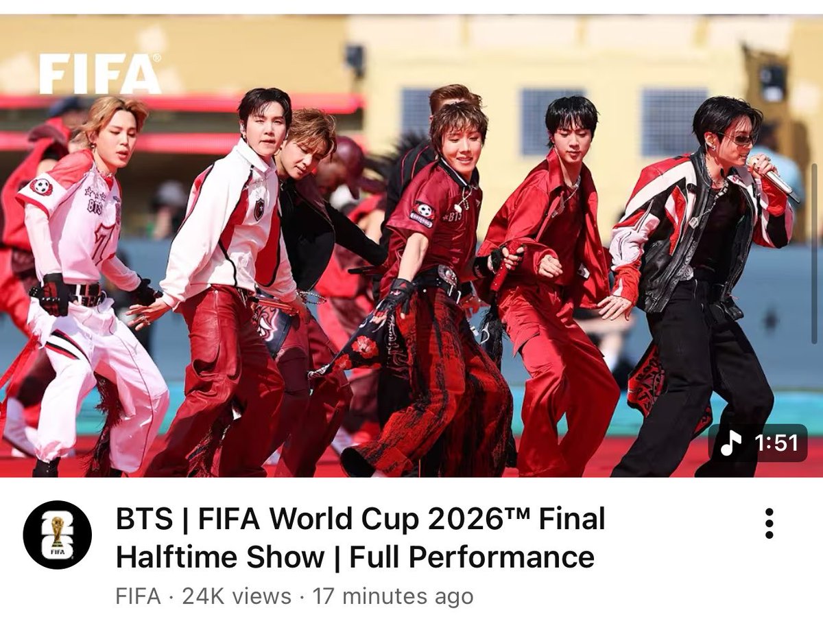 btschartsxdaily's tweet photo. [NEWS] #BTS | FIFA World Cup 2026™ Final Halftime Show | Full Performance is now available on YOUTUBE!

https://t.co/0djDesCObz
#BTSXWorldCup202 
#BTSHALFTIMESHOW https://t.co/jMKuksg7hz