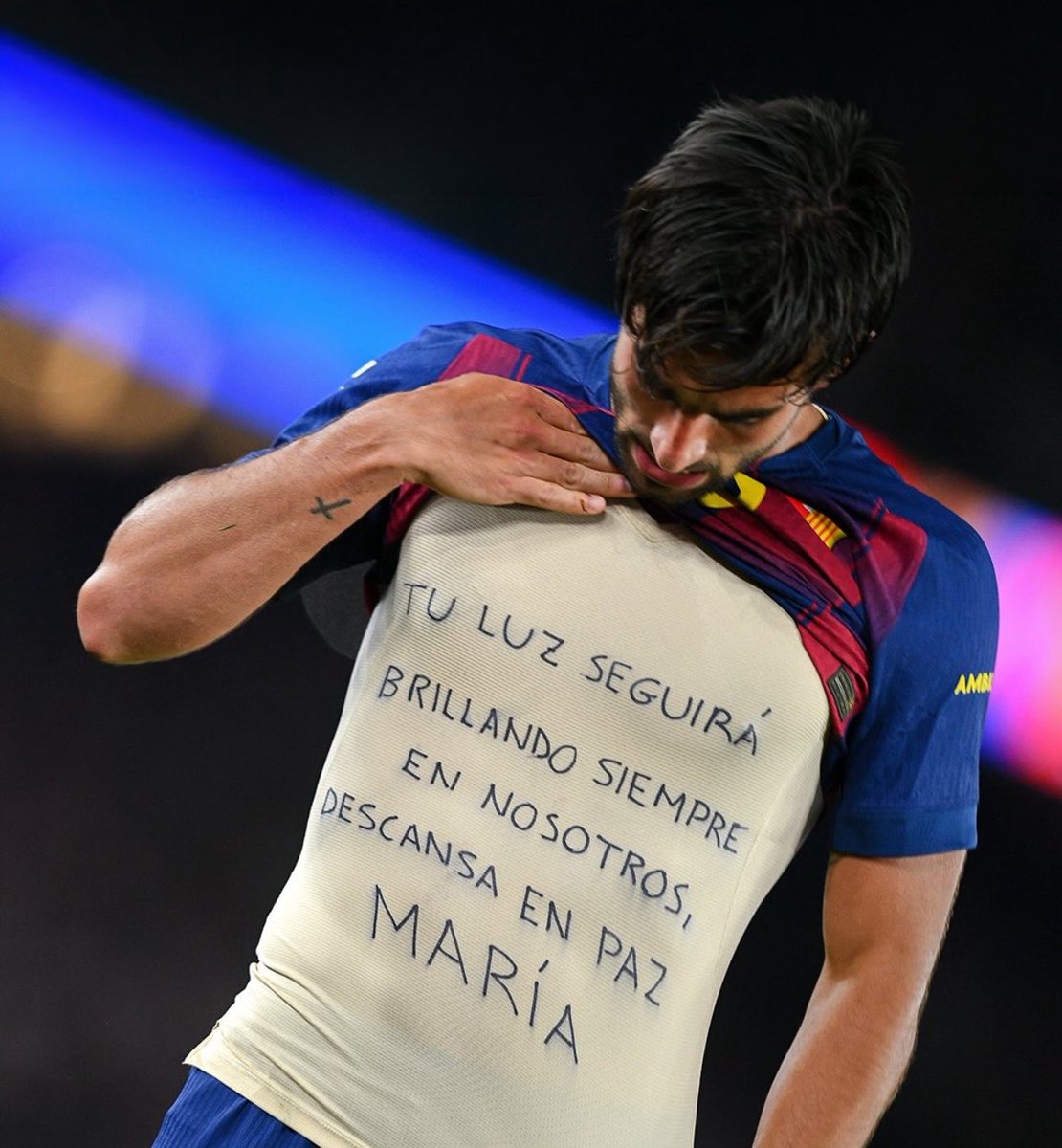 Sachinettiyil's tweet photo. María Caamaño Muñoz, a young Catholic girl from Spain who battled Ewing sarcoma and raised support for childhood cancer research, shared a special bond with Ferran Torres, the scorer of Spain’s winning goal today in the FIFA World Cup. After María passed away at the age of 13, Torres honored her memory by lifting his jersey to reveal the message: “Your light will always shine within us. Rest in peace, María.”