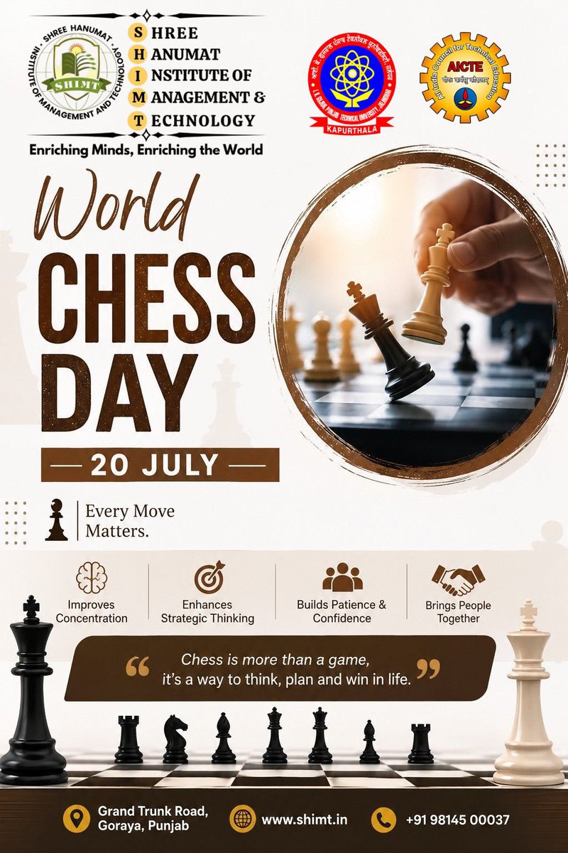 Shimt12's tweet photo. "Chess is more than a game—it's a lesson in planning, perseverance, and progress." ♟️
This World Chess Day, SHIMT celebrates the spirit of analytical thinking and lifelong learning. Make every move count!
#WorldChessDay #SHIMT #EnrichingMinds #ChessLife #StrategicMindset https://t.co/sHpbZTs5Ao