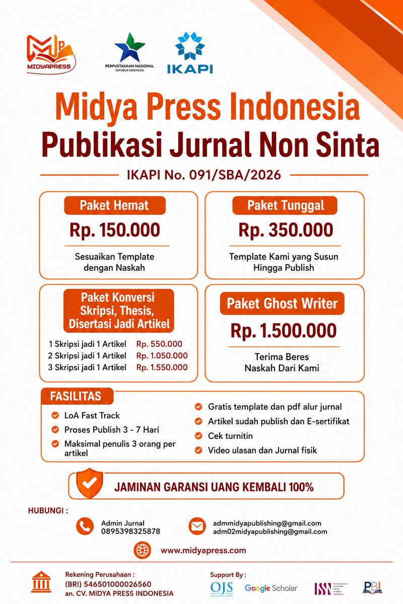 adm02midyaP's tweet photo. Open publish jurnal NON SINTA mulai dengan harga 150 ribu saja ☺️ 
LoA Fastrack (1-2 hari kerja)✔️
Jika berminat boleh cek profil kami atau hubungi admin https://t.co/n0ps3NrZCq https://t.co/rzdNC9u0yZ