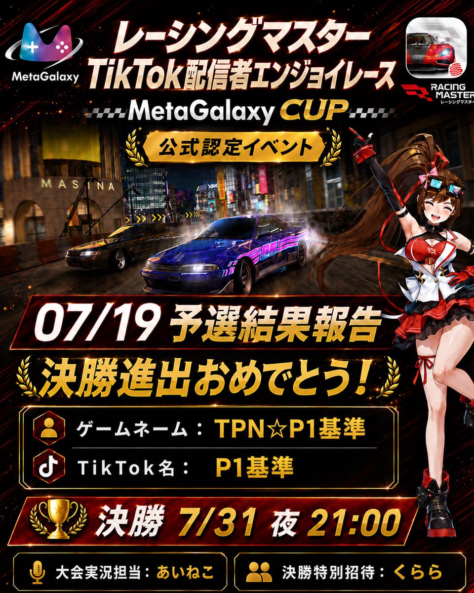 MetaGalaxy_Game's tweet photo. 🏁【MetaGalaxy CUP】07/19予選結果発表！🏁
本日の決定戦を制し、見事決勝進出を勝ち取ったのは…
🎮 ゲームネーム：TPN☆P1基準
🎵 TikTok名：P1基準
決勝進出、本当におめでとうございます！🎉
📺 今夜も予選開催します！今日のレースもご観戦お待ちしてます！
予選のご観戦はこちら！
🔗 あいねこさん（実況）：https://t.co/pDqsMiqGHR
⚡決勝は 7/31(金) 夜21:00〜
✨決勝特別招待：くらら
レーシングマスター × MetaGalaxy CUP
#MetaGalaxyCUP #レーシングマスター #TikTokLIVE