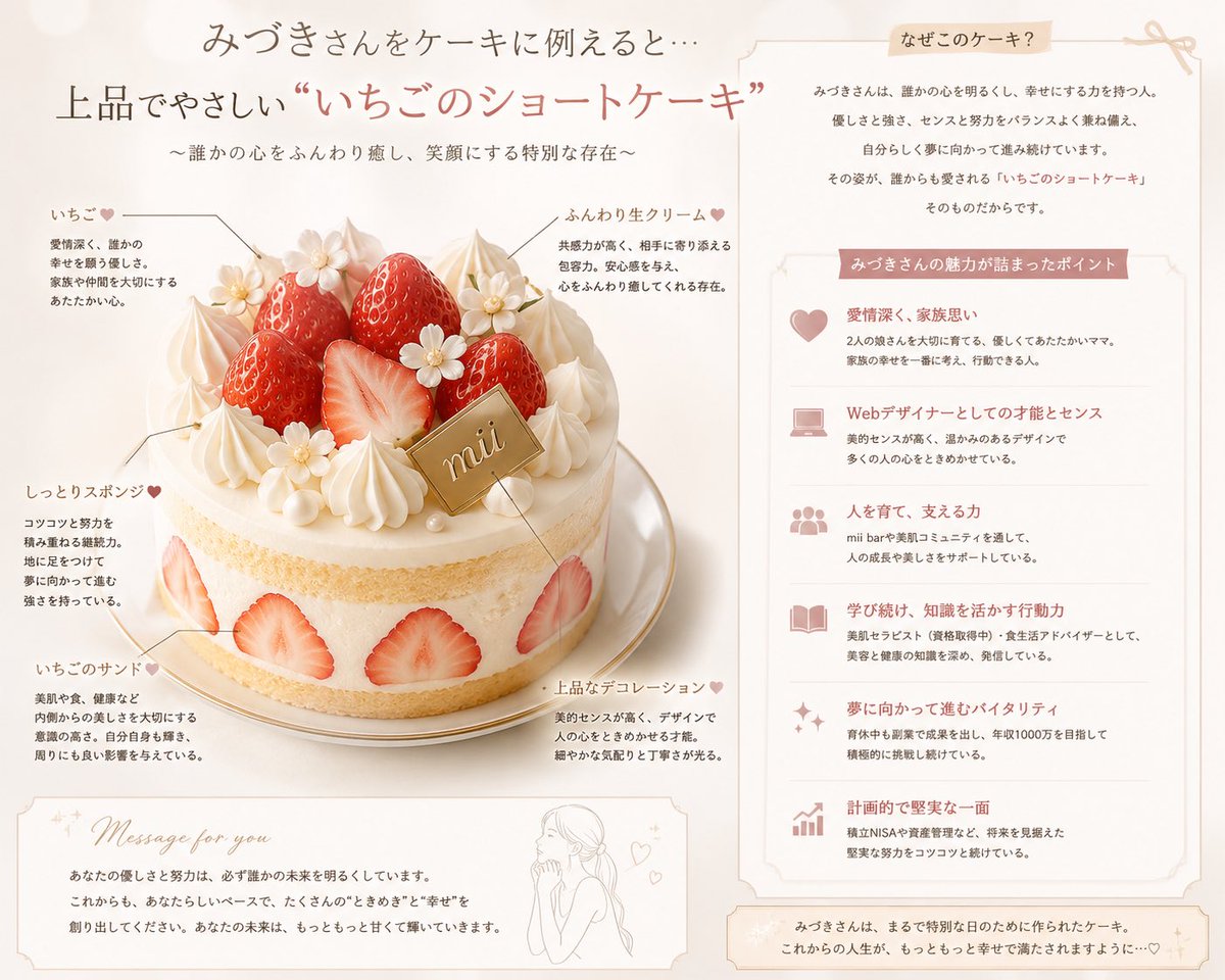 tsuki_shelikes's tweet photo. #シーメイト さんのケーキも知りたいな🍰
今朝、気持ちがどよ〜んとしてたけど
ふと思いついたプロンプトで
自分を褒め褒めできる時間となりました👏
これからもwebデザイナー、SNS発信講師、スキンケアコミュニティ立ち上げ頑張ろって思えた🥹
https://t.co/MEIUEtELVa…
プロンプトはコメント欄⬇️ https://t.co/FqRitXfKgv