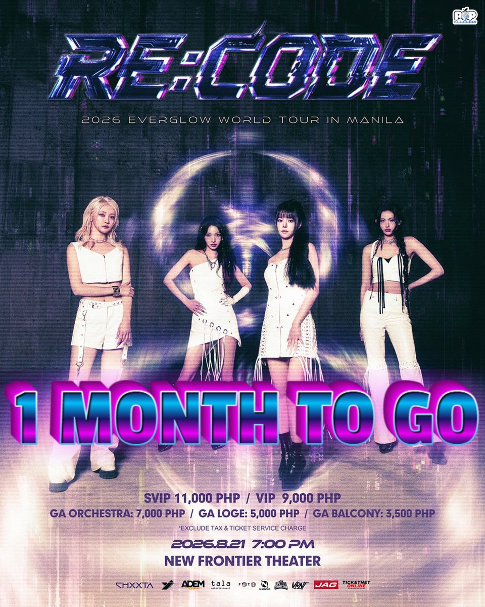 abcpopjournal's tweet photo. ONE MONTH TO GO! 💟
RE:CODE 2026 EVERGLOW IN MANILA
🗓️ 08.21.26 FRI | 7PM
📍 New Frontier Theater
🎟️ TicketNet and TicketNet outlets
Presented by: Numinous PH, Variant Prod, Tala Ent, FOTS Prod, Uptown Connection
#EVERGLOW #에버글로우 #RE_CODE #MANILA https://t.co/5HMLpkdNJ5