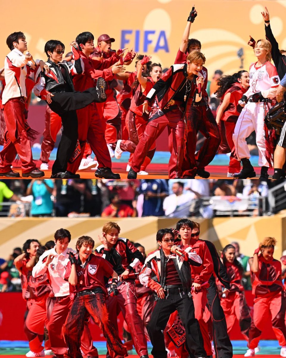 gqindia's tweet photo. #BTS are Jersey Boys! 

@BTS_twt took over MetLife Stadium for the #FIFAWorldCup Final halftime show.

📷: Getty https://t.co/5DbJrx1r9S