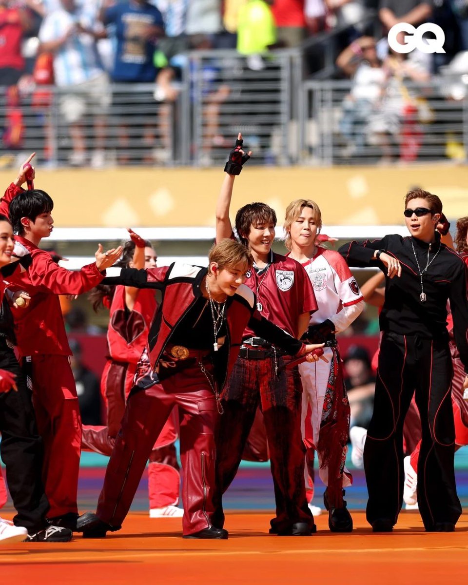 gqindia's tweet photo. #BTS are Jersey Boys! 

@BTS_twt took over MetLife Stadium for the #FIFAWorldCup Final halftime show.

📷: Getty https://t.co/5DbJrx1r9S