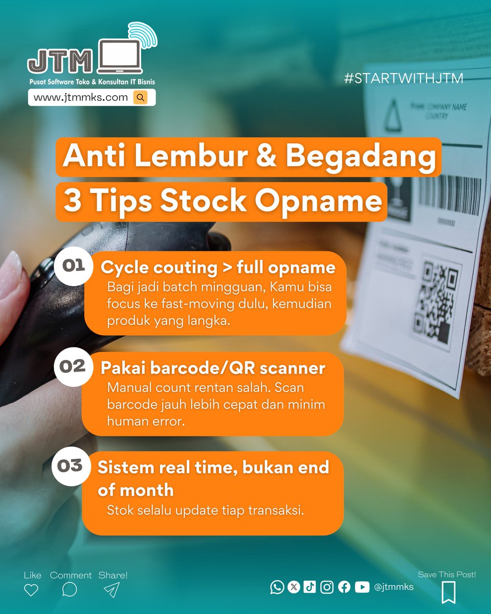 jtmsoftware's tweet photo. Stock opname gak perlu lembur dan begadang, sekarang kamu dan tim bisa pakai sistem real-time, barcode scanner, dan cycle counting agar lebih cepat dan minim selisih stok.

Segera jadwalkan konsultasi dan demo fitur lengkap JTM Software sekarang! Klik link di bio, ya! https://t.co/peWP12qLGf