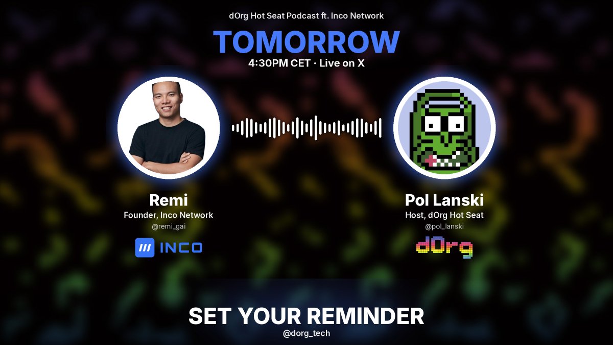 dOrg_tech's tweet photo. Tomorrow's the day.

@remi_gai  from @inconetwork  joins dOrg Hot Seat live on X, 4:30PM CET. 

Let's talk encrypted smart contracts, on-chain privacy, and everything Inco is building. 

Set your reminder now!👇

https://t.co/bmkoiXPEw5 https://t.co/YqGvUauFph