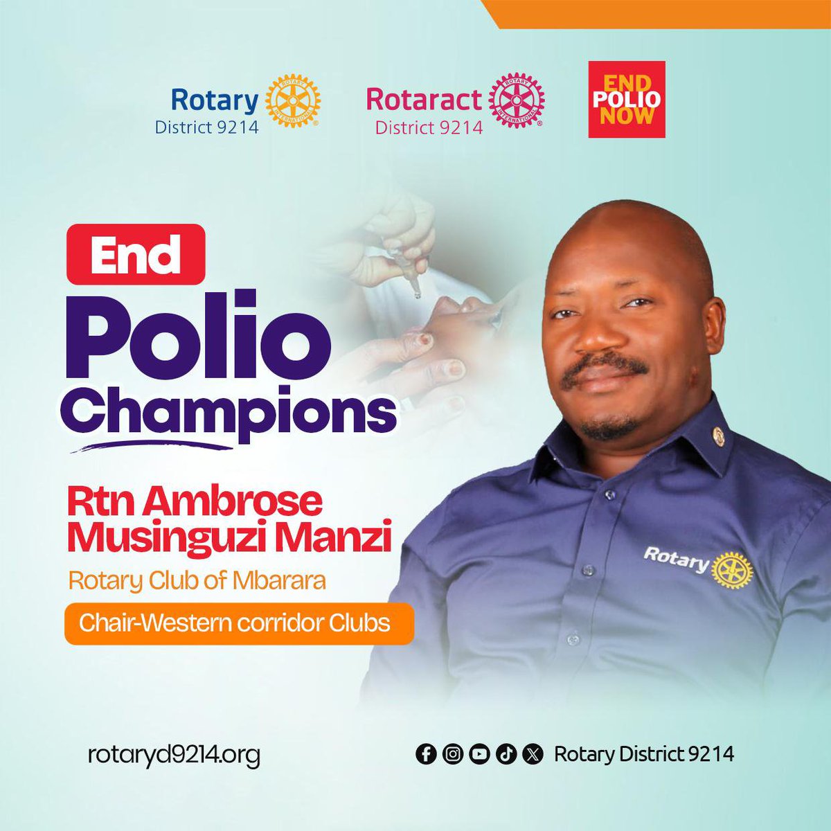 rotaryd9214's tweet photo. Know Your Leaders: #EndPolio champions
- Masaka Road Corridor Clubs: Rtn. Dennis Ssentongo, @RCLubagaHill
- Western corridor clubs: Rtn. Ambrose Musinguzi Manzi, @RotaryMbarara
- Entebbe Road Corridor Clubs: Rtn. Arthur Byara, @RCEntebbe
#EachOneEngageForImpact https://t.co/Ykp5dEQlsB