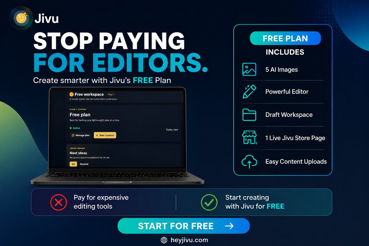 HeyJivu_com's tweet photo. 🚀 Stop paying for expensive editing tools!
Create smarter with Jivu's FREE Plan and enjoy:
✨ 5 AI Images
📝 Powerful Editor
📂 Draft Workspace
🌐 1 Live Jivu Store Page
📤 Easy Content Uploads

#Jivu #FreePlan #ContentCreation #AI #DigitalMarketing #Productivity #Creators https://t.co/1vnLuy9Exf