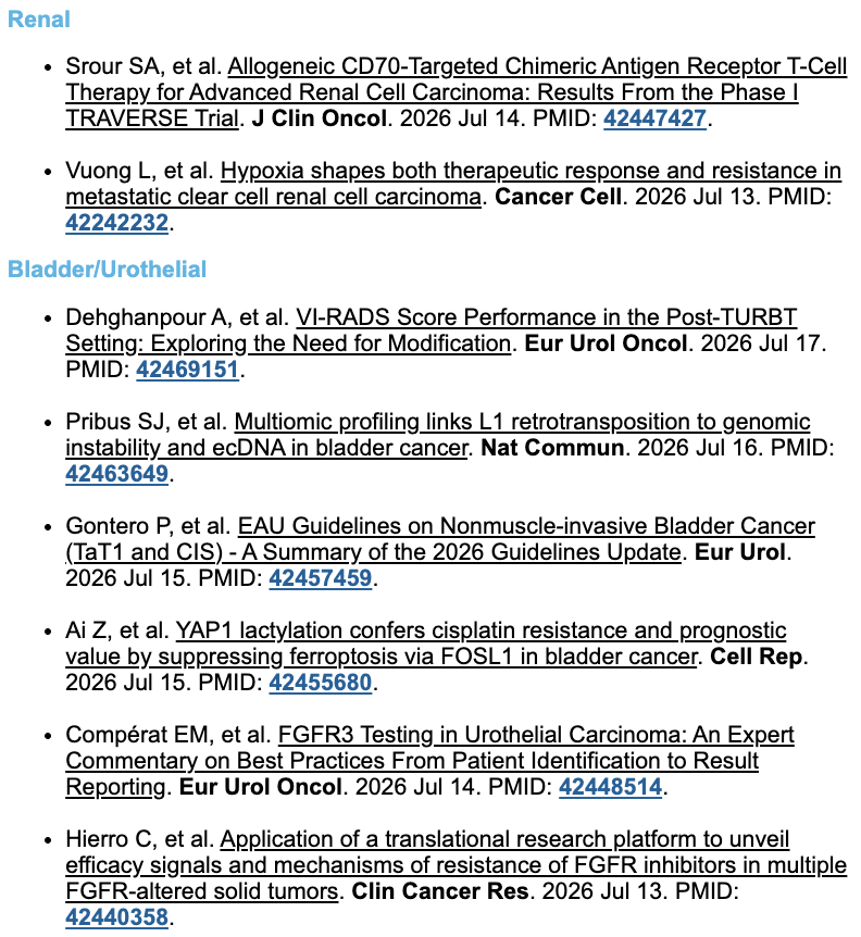 DanaFarber_GU's tweet photo. GU Research Digest for the week of July 11 - 17: a selection of publications about GU cancers in high-impact journals. Search the PMIDs on https://t.co/F03S8cXFGV to read! https://t.co/4uanXbOQcV