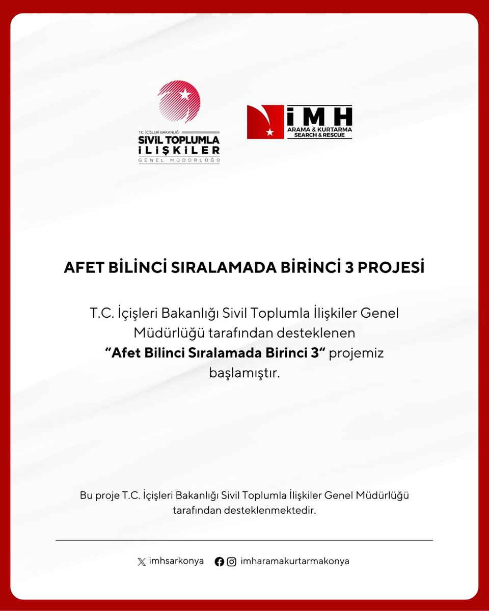 imhsarkonya's tweet photo. Afetlere karşı bilinçli bir toplum oluşturmak amacıyla hazırladığımız “Afet Bilinci Sıralamada Birinci 3” projemiz başladı.

Afetlere hazırlık, afet anında değil; bugün başlar.

Desteklerinden dolayı İçişleri Bakanlığı Sivil Toplumla İlişkiler Genel Müdürlüğüne teşekkür ederiz. https://t.co/dA9lRYaIWS
