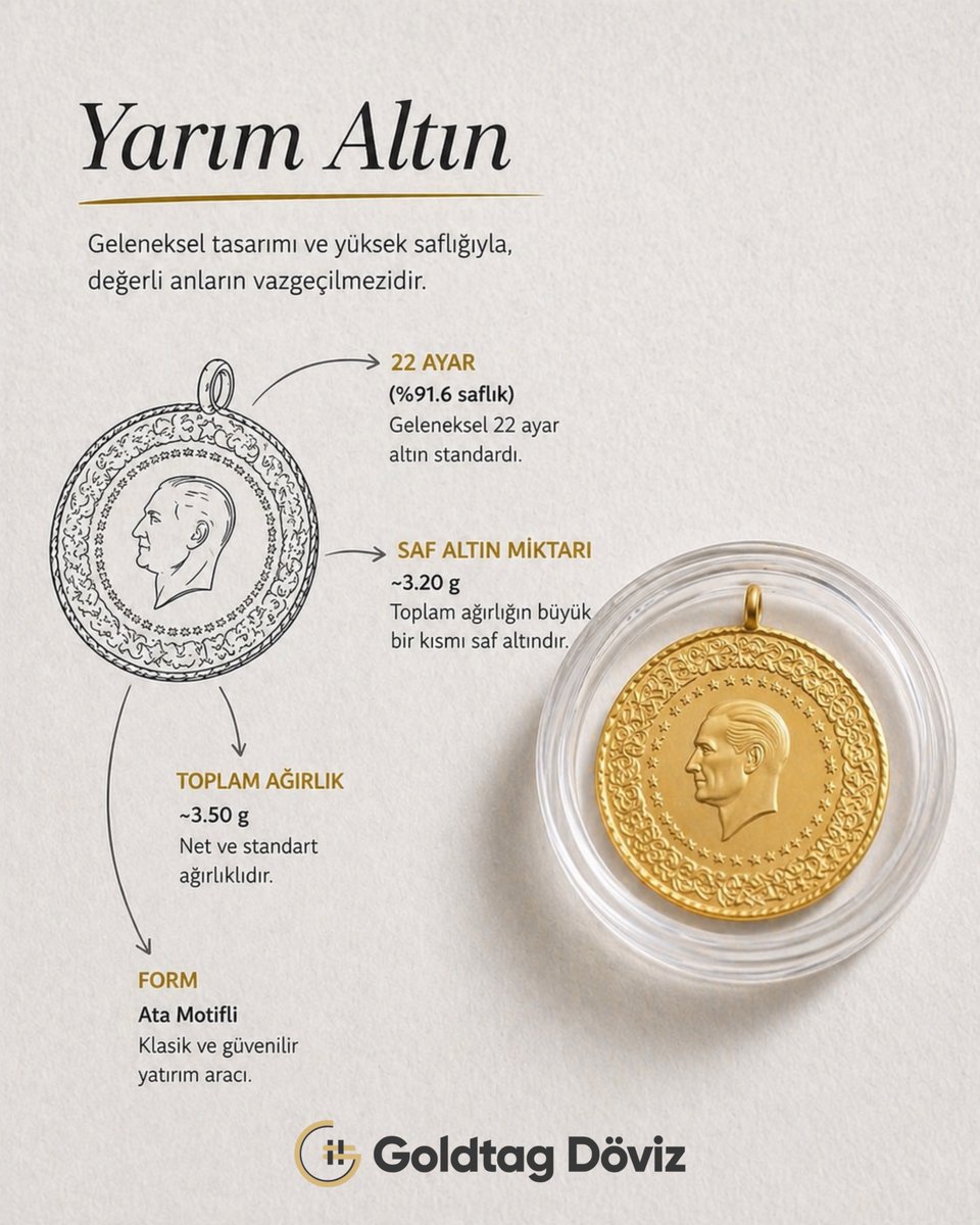 GoldtagDoviz's tweet photo. Yarım altın, geleneksel yatırım ve hediye kültürünün en bilinen seçeneklerinden biridir.

22 ayar (%91,6 saflık) standardında üretilen yarım altın, yaklaşık 3,50 gram toplam ağırlığa ve 3,20 gram saf altın içeriğine sahiptir. Ata motifli klasik tasarımı sayesinde hem düğün, nişan ve özel günlerde tercih edilir hem de uzun yıllardır güvenilir bir birikim aracı olarak öne çıkar.

Altın alırken toplam ağırlık ile içerdiği saf altın miktarının farklı kavramlar olduğunu bilmek, yatırım kararlarında daha doğru değerlendirme yapmanıza yardımcı olur.

Sizce geleneksel altın yatırımlarında en çok tercih edilen seçenek hangisi: çeyrek, yarım yoksa tam altın?

#GoldtagDöviz #YarımAltın #Altın #22Ayar