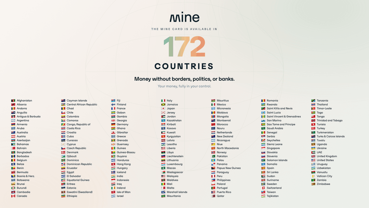 minewalletfi's tweet photo. Money should be free.
Money should be borderless.
The mine Card will come to 172 countries.

Money without borders, politics, or banks.

DM us for an early invite code 🙌 https://t.co/xGeporsBl6