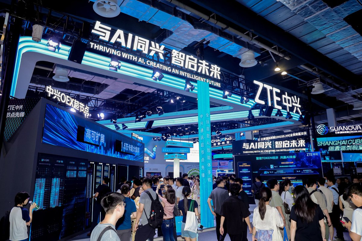 ZTEPress's tweet photo. ZTE at World Artificial Intelligence Conference (WAIC) 2026: Thriving with AI, Creating An Intelligent Future 🤖✨

We showcased our full-stack AI lineup—from core computing to end-user devices:
🔹 OEX SuperNode – next-gen intelligent computing
🔹 World's first AI agent smartphone
🔹 New Start AIOS + multi-form humanoid robot matrix

Our "AIOS + AI Factory" framework connects the full AI value chain—from Token production to real-world deployment—scaling AI across industries. Guided by "All in AI, AI for All", we're powering the digital economy forward. 🌐🚀

#ZTE #WAIC2026 #AIforAll #IntelligentComputing #AIAgent