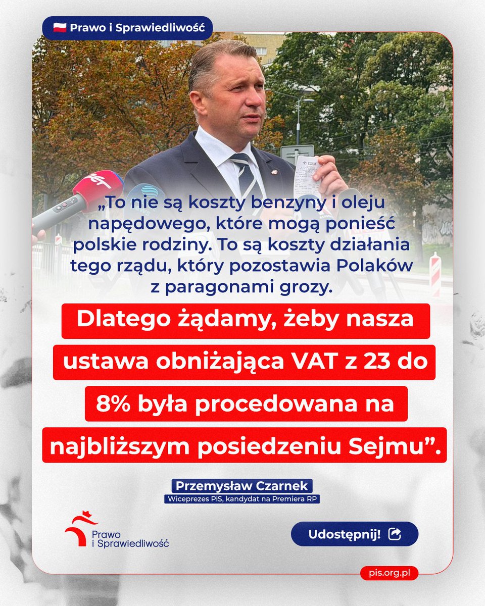 pisorgpl's tweet photo. Wiceprezes PiS, Kandydat na Premiera RP @CzarnekP 👇
🔔 Udostępnij #TuskDrożyzna https://t.co/LFJEnGakEP