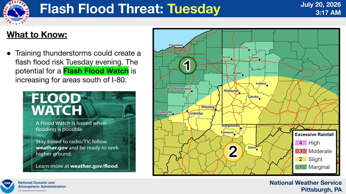 NWSPittsburgh's tweet photo. ⚠️ Weather Update: The forecast for Tuesday remains concerning. We’re still looking at a potential for severe weather, including damaging wind gusts, large hail, tornadoes, &amp; heavy rain.

The highest risk for intense storms will be between 12:00 PM - 8:00 PM.⛈️ https://t.co/G4xnmlq1Sh
