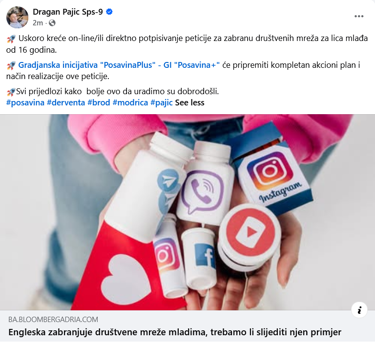 pajic78's tweet photo. 📷 Uskoro kreće on-line/direktno potpisivanje peticije za zabranu društvenih mreža za lica mlađa od 16 godina.
📷 Gradjanska inicijativa "PosavinaPlus" @posavinaplus nosilac aktivnosti
📷Svi prijedlozi kako  bolje ovo da uradimo su dobrodošli
#derventa #brod #modrica #pajic https://t.co/D1h9upg33x