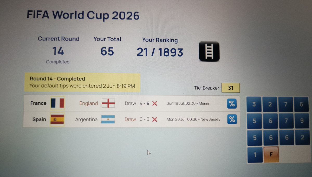 Green1921481's tweet photo. Ranked #21 out of 1,893 participants! In my company⚽

Extra time isn't counted, if it's level after 90 minutes it's considered a draw.

Semis lo, 3rd place match lo France valla Top 10 miss ayyindi.

2026 FIFA ki time ivvadaniki kaaranam prize money kosame 🤪💰 https://t.co/nNRTj4SYgY