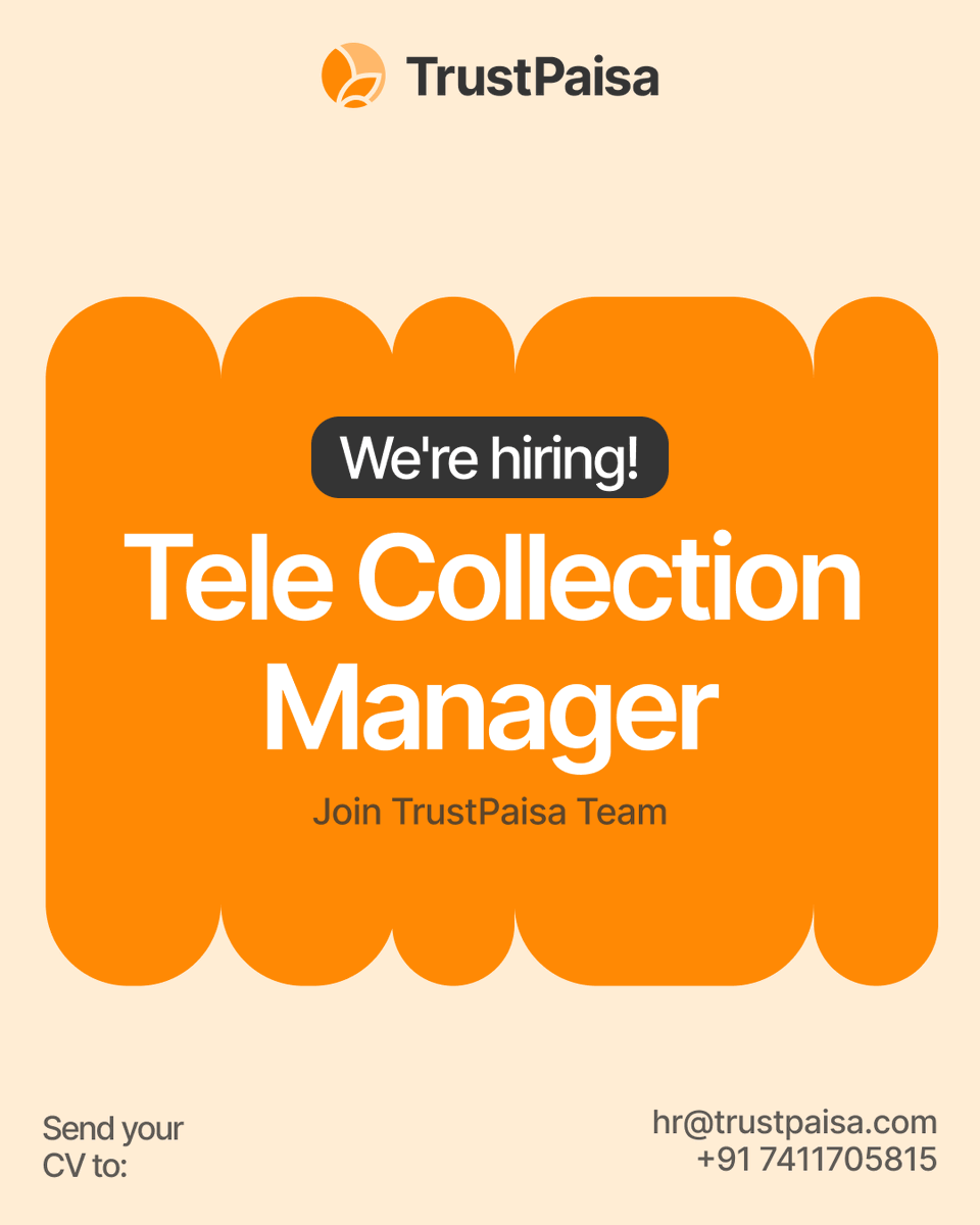 TrustPaisa's tweet photo. We're Hiring! Tele Collections Manager Join TrustPaisa and grow your career with us.
#TrustPaisa #fingular #Fintech #loans #HiringAlert #WeAreHiring #JobOpportunity #TeleCollections #CollectionsManager #CareerGoals #FinanceJobs #BPOCareers #IndiaJobs #Bengaluru #ApplyNow https://t.co/nXjmcz0kSR