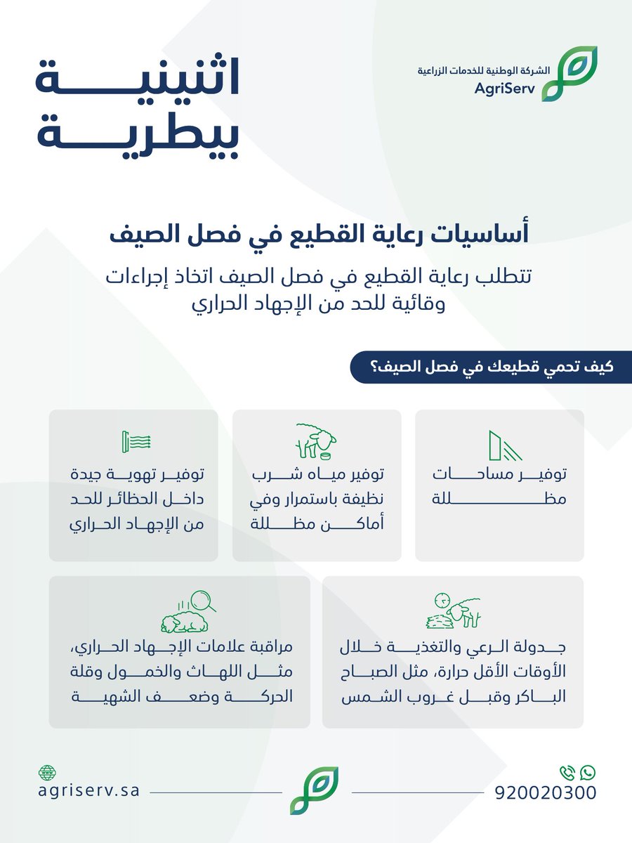 AgriServ_sa's tweet photo. مع ارتفاع درجات الحرارة تزداد أهمية العناية بالقطيع.

احصل على استشارة بيطرية عبر تطبيق الخدمات الزراعية
  https://t.co/0ymRwgoETX

#اثنينية_بيطرية كل اثنين معلومة بيطرية موثوقة https://t.co/qrS0S3gbIQ