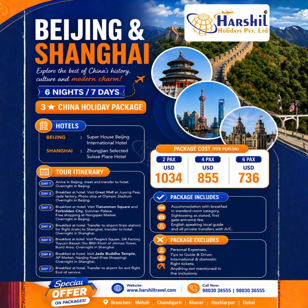 HarshilTravel's tweet photo. ✨ Package Highlights:
🏯 Visit the iconic Great Wall of China
🏛️ Explore Tiananmen Square &amp; the Forbidden City
🌆 Discover the vibrant skyline of Shanghai
🛍️ Enjoy shopping at famous local markets
🏨 Comfortable hotel stays with daily breakfast https://t.co/goz8iTaznT