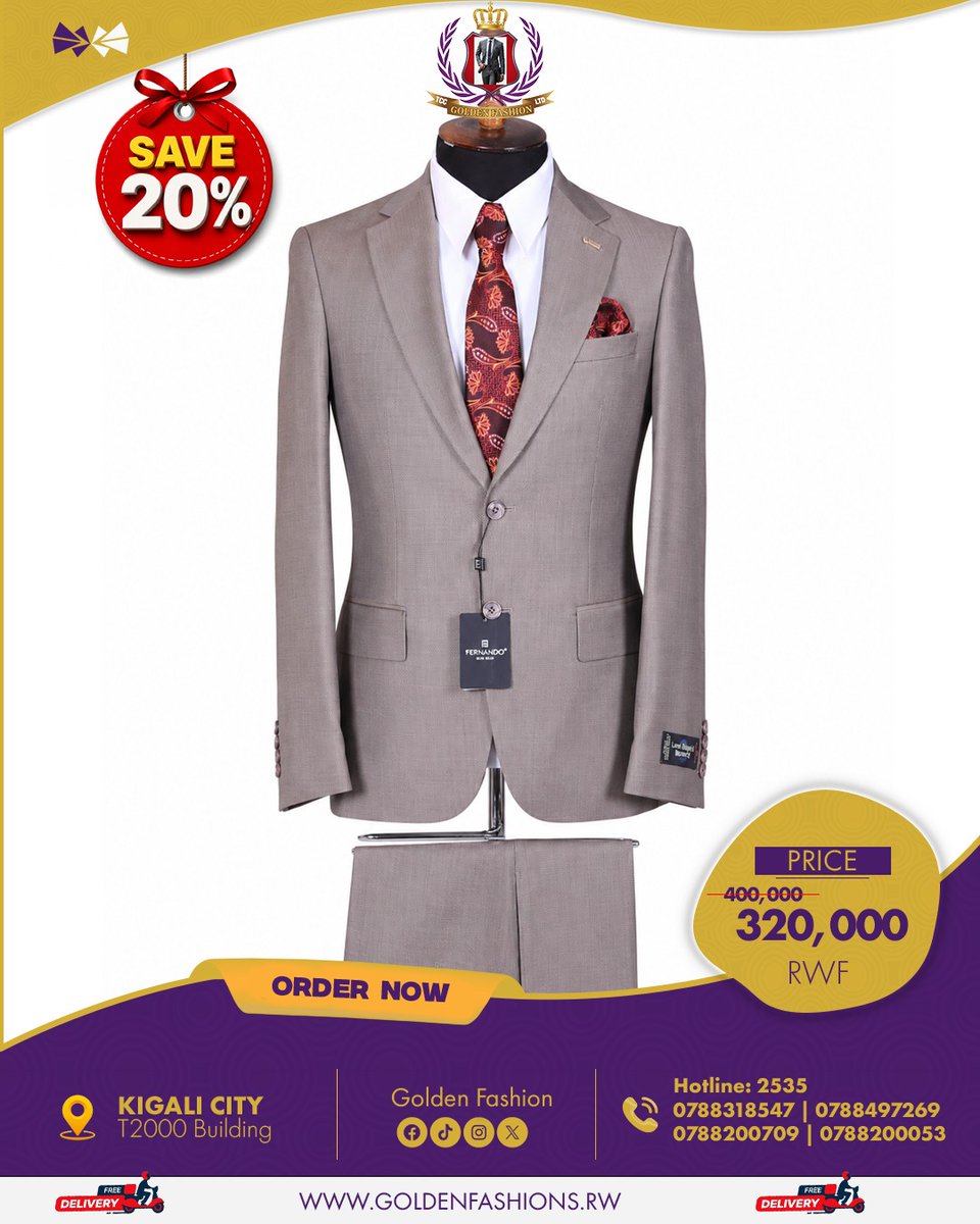 goldenfashionrw's tweet photo. 👔 Upgrade Your Style & Save More! ✨
Step into confidence with this premium men's suit, now at 20% OFF!
📍 Visit us at T2000 Building, Kigali City
📞 Hotline: 2535
📲 0783188547 | 0788497269 | 0788200709 | 0788200053
🌐 https://t.co/Gnk84iQFuU
#GoldenFashion #MensSuit https://t.co/STvqTJSqO4
