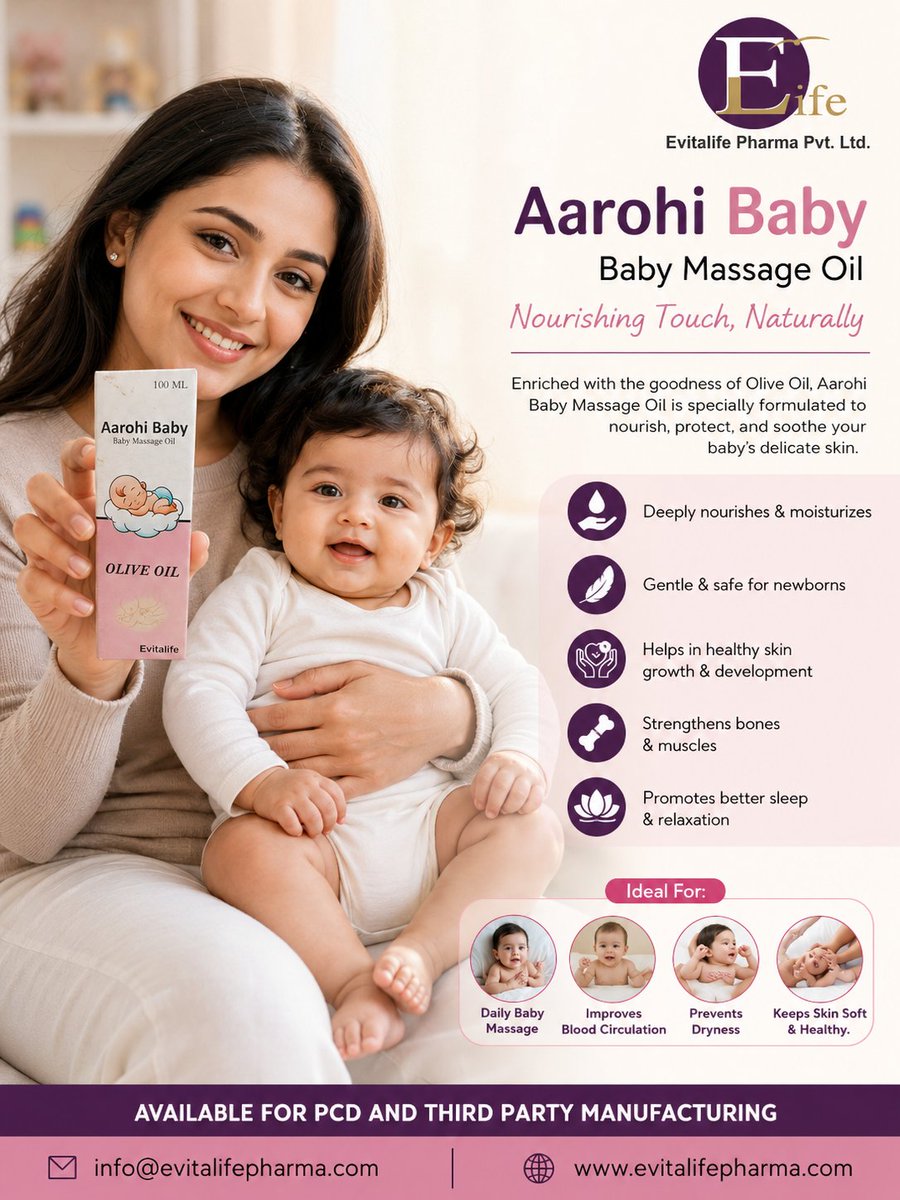 Evitalife25's tweet photo. Aarohi Baby Massage Oil | Gentle Olive Oil Care for Delicate Baby Skin
Prescription:
Use as directed by a physician. For external use only.
#aarohibaby #babymassageoil #oliveoil #pcdpharma #thirdpartymanufacturing https://t.co/HLfOUHAqzL