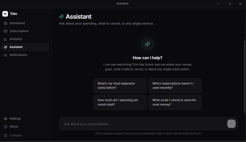 ScaleWithAstro's tweet photo. Day 2 of building Trim
Fixed a bunch of bugs that were blocking subscription detection.

Now it’s finding unused subs way faster.
Also added a Assistant in the application!

Here’s some screenshots👇 

What’s one subscription you wish was easier to cancel?  #BuildInPublic #SaaS https://t.co/588ck5vEjE