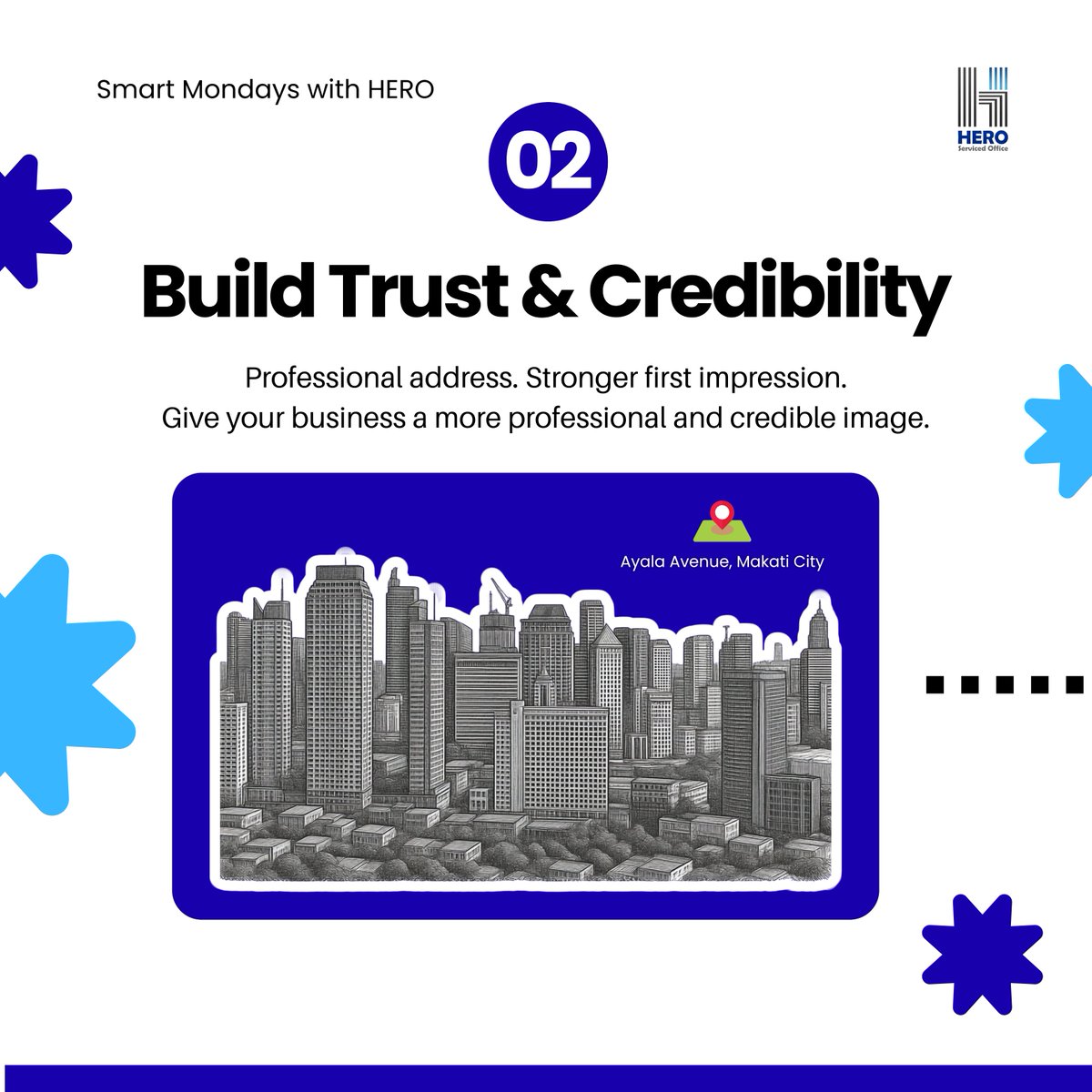 HeroPH_'s tweet photo. 𝐒𝐦𝐚𝐫𝐭 𝐝𝐞𝐜𝐢𝐬𝐢𝐨𝐧𝐬 𝐬𝐭𝐚𝐫𝐭 𝐰𝐢𝐭𝐡 𝐭𝐡𝐞 𝐫𝐢𝐠𝐡𝐭 𝐛𝐮𝐬𝐢𝐧𝐞𝐬𝐬 𝐚𝐝𝐝𝐫𝐞𝐬𝐬. 
#SmartMondaysWithHERO #heroservicedoffice #VirtualOffices #businessaddress #businessgrowth #StartupPH #EntrepreneurPH #WorkSmart #OfficeForRentPH #CoworkingSpacePH #VirtualOffice https://t.co/Knzyjtch8Z