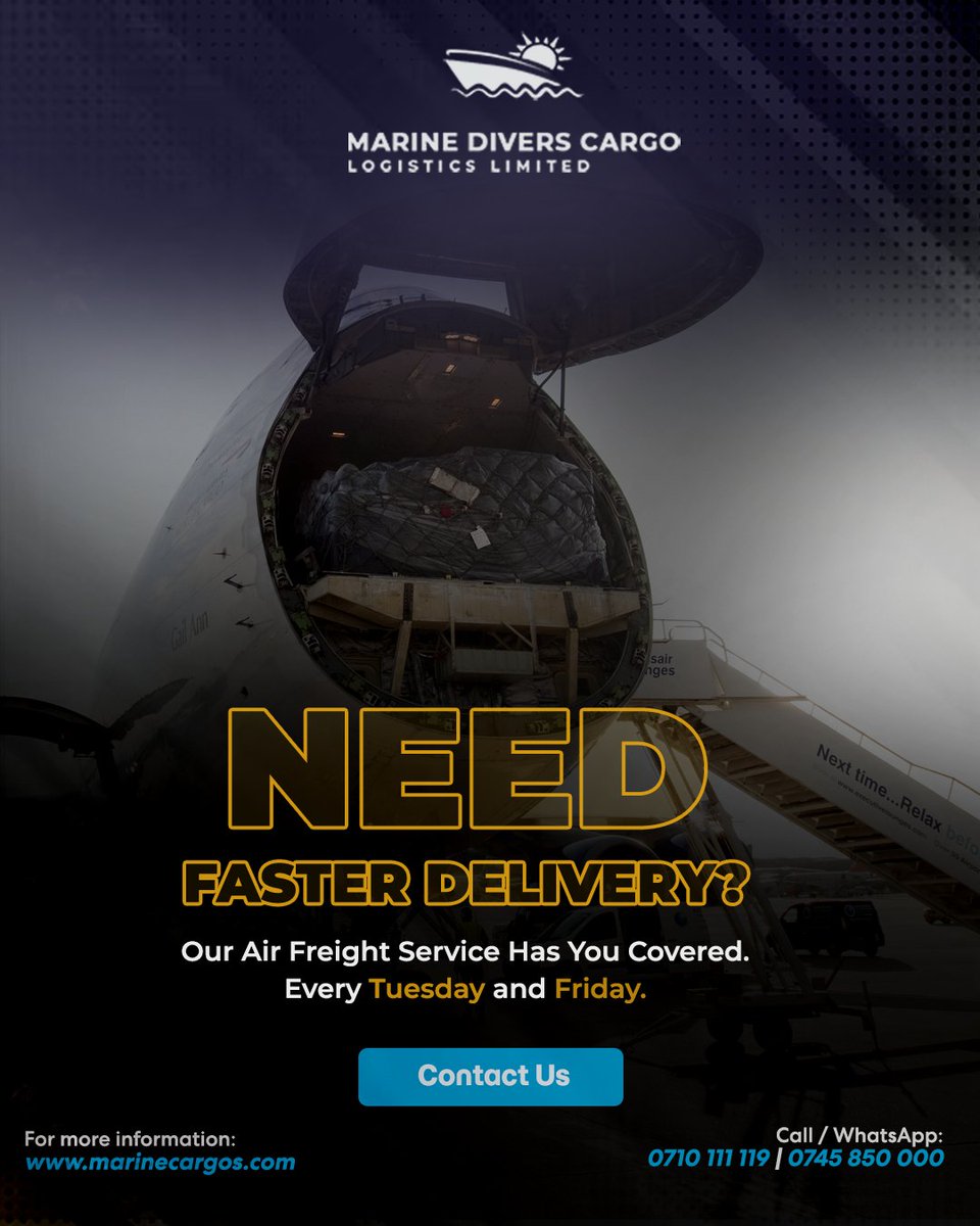 MarineDiversCL's tweet photo. When speed matters, trust a logistics partner that delivers.

Talk to our team today and reserve your cargo space.
Call: 0710 111 119 | 0745 850 000
Visit:  https://t.co/VRMced9o0d  

#AirFreight #ExpressShipping #FastDelivery #CargoSolutions #MarineDiversCargo https://t.co/vCgT26E53f