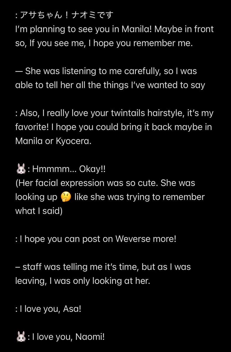 stuckwithasa's tweet photo. 260720 - #BABYMONSTER JP CHOOM Offline Fansign - #ENAMIASA ♡⸝⸝
 
🐰：“I love you, Naomi” 

Thank you, Asa! You even recognized my outfit as soon as I entered the booth without even saying a single word. I’m happy that I get to see you on my birth month. See you next month! https://t.co/v8PcogcBwh