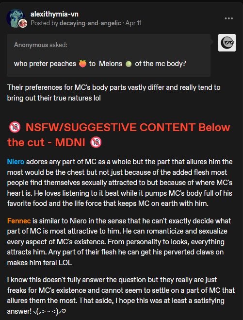 DecayedAngelVNs's tweet photo. Tumblr AMA 🦊☕️/💙🦴 - 🔞
Q: “who prefer peaches 🍑 to  Melons 🍈 of the mc body?” https://t.co/i7jq6SEaoA